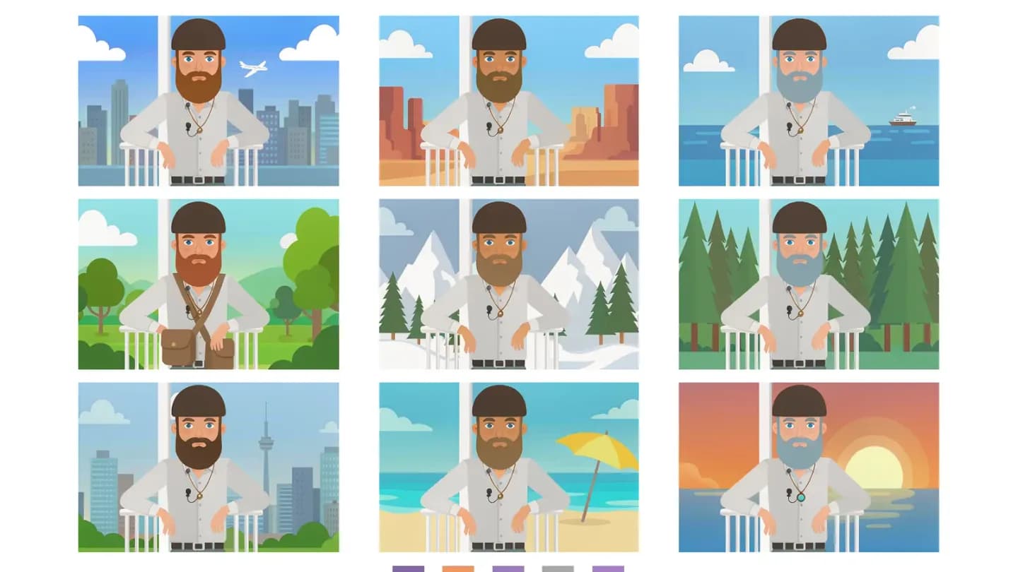 A storyboard grid showing one consistent AI actor rendered across three variant scenes