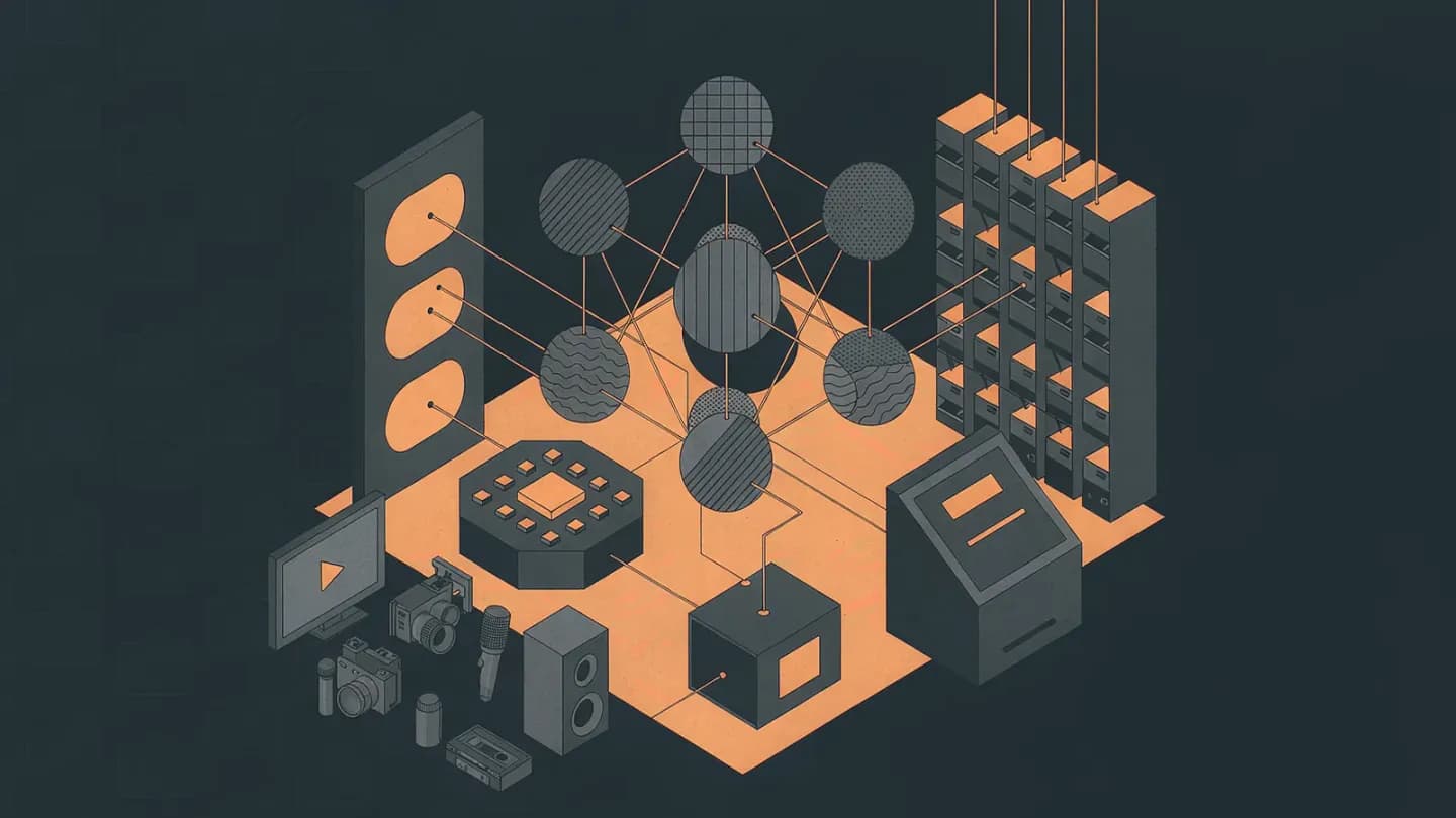 Isometric flat vector illustration of an AI agent node connected to storage, a transcoder, a rundown board and a publishing terminal, with unconnected standalone tools dimmed to one side