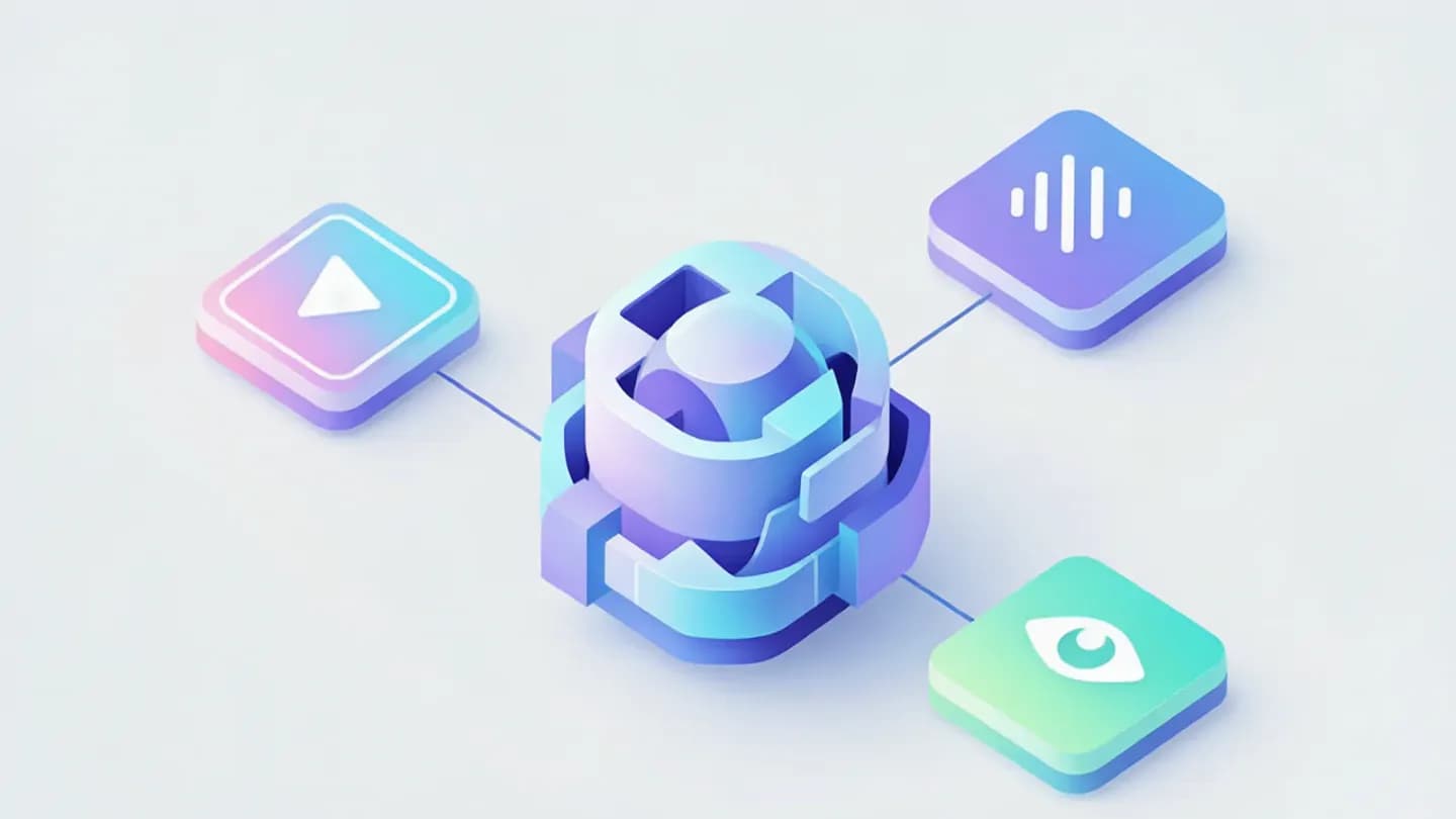 An isometric diagram of one central AI agent node wired to separate video, voice, and image model chips.