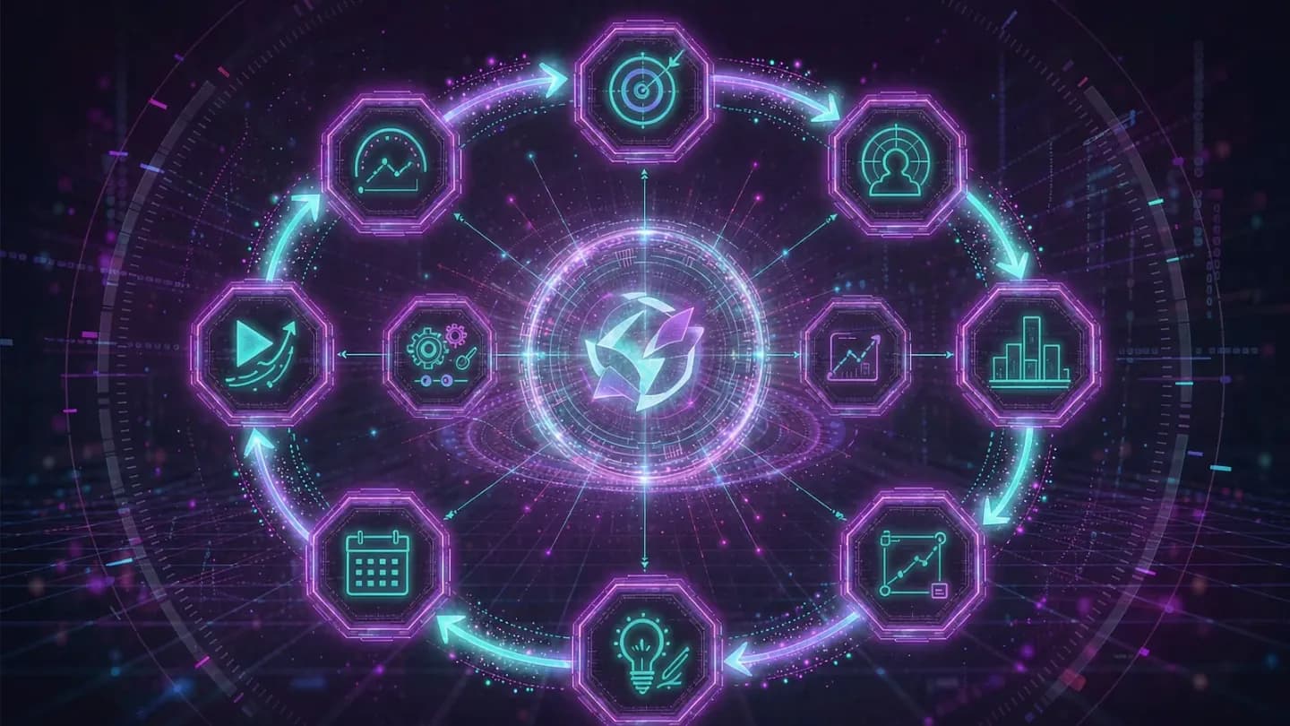Autonomous media-buying loop with AI nodes planning and optimizing around a brand emblem