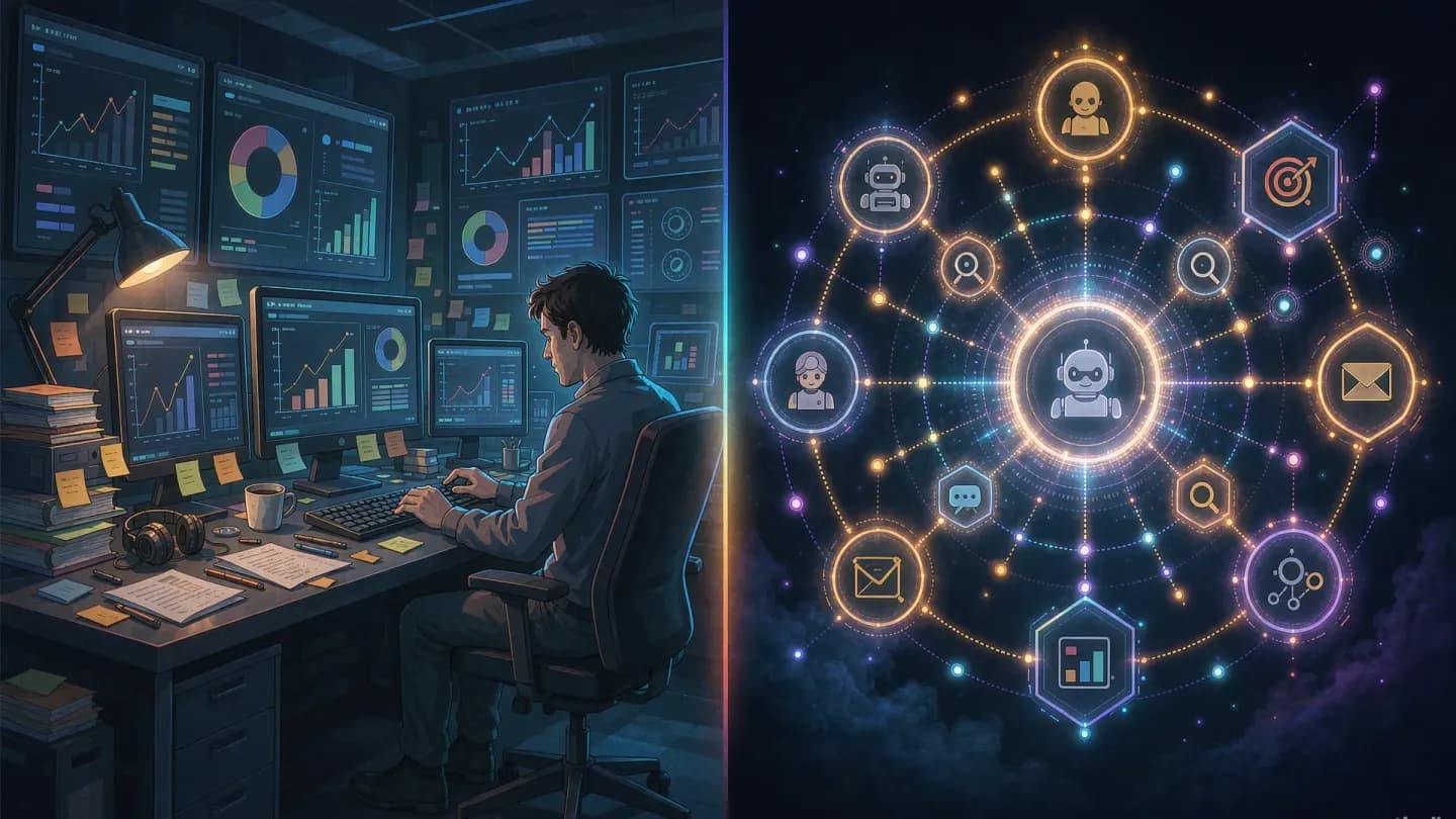 Two contrasting marketing control rooms representing the agentic divide between assisted and autonomous AI workflows