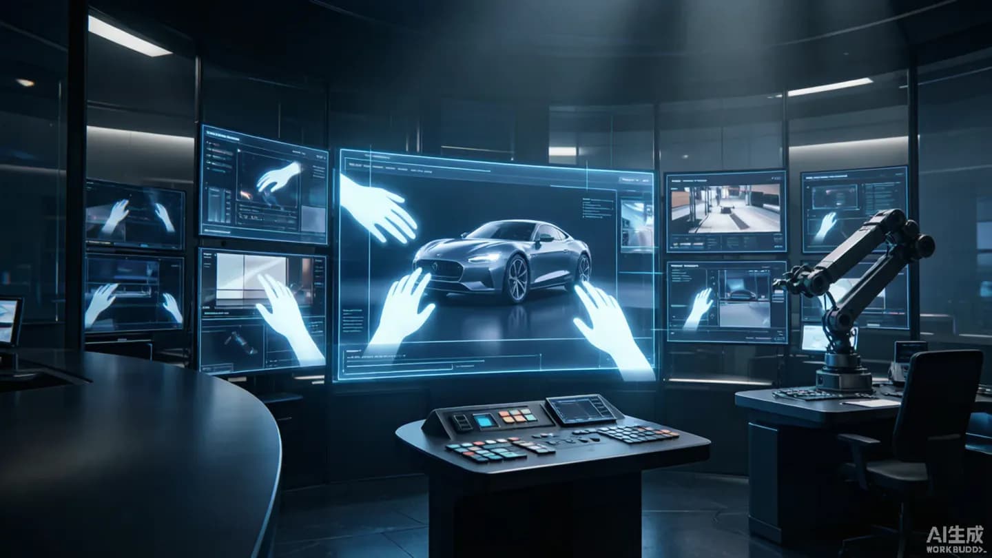 A dim control room with multiple glowing screens showing video ad campaign dashboards managed by AI agents