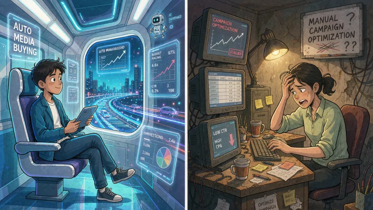 Split-screen comparing fast automated media buying with stalled manual campaign optimization