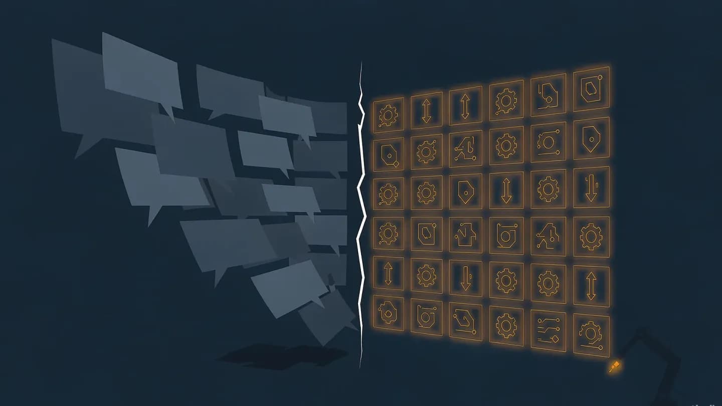 Paper documents transform into glowing structured data panels as an agentic buying standard replaces manual RFPs
