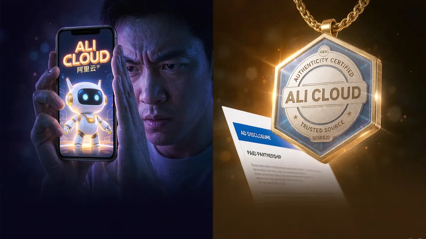 A skeptical viewer facing an AI-generated ad beside a clear verification badge