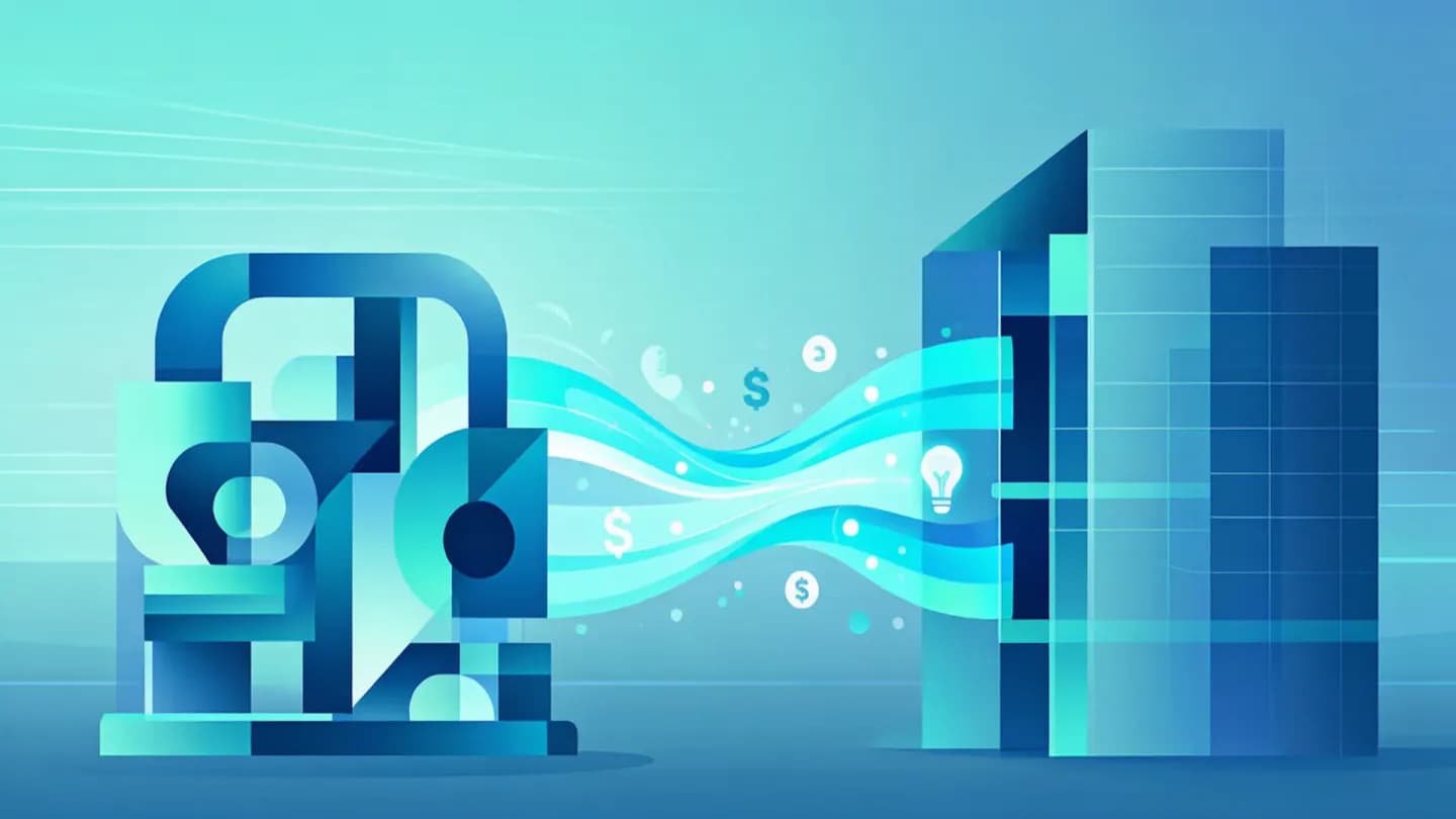 Abstract diagram of investment flowing from creative generation toward planning, bidding, and measurement infrastructure