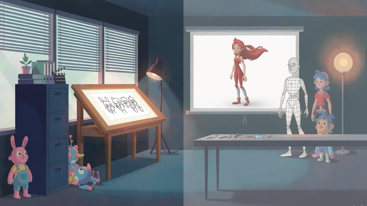 Flat vector illustration of an animation studio split between a 2D light table with paper drawings and a 3D wireframe rig, joined by one continuous light path