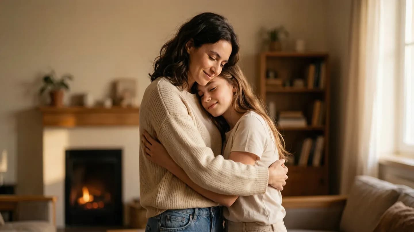 A real actress embracing an elderly mother in a warmly lit living room, representing the live-action core of a hybrid AI-assisted brand film.