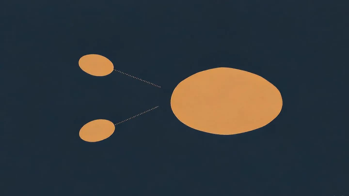 Several small amber shapes connected by dotted lines converging on one large amber ellipse, on a deep navy background.
