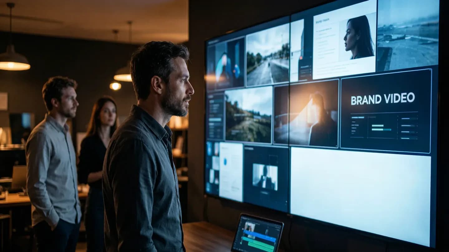 A creative director reviewing AI-generated brand video storyboards on a glowing wall display in a studio