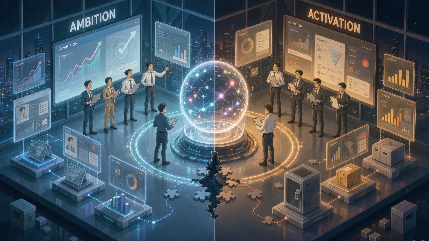 Isometric marketing command center showing an AI optimization engine separated from disconnected data sources
