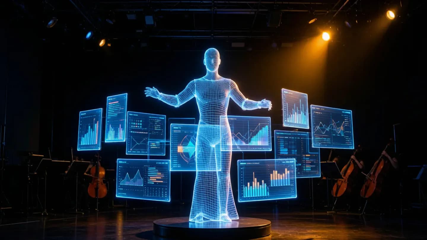 A luminous translucent AI conductor figure directing floating video panels inside a dim studio lit with blue and amber.