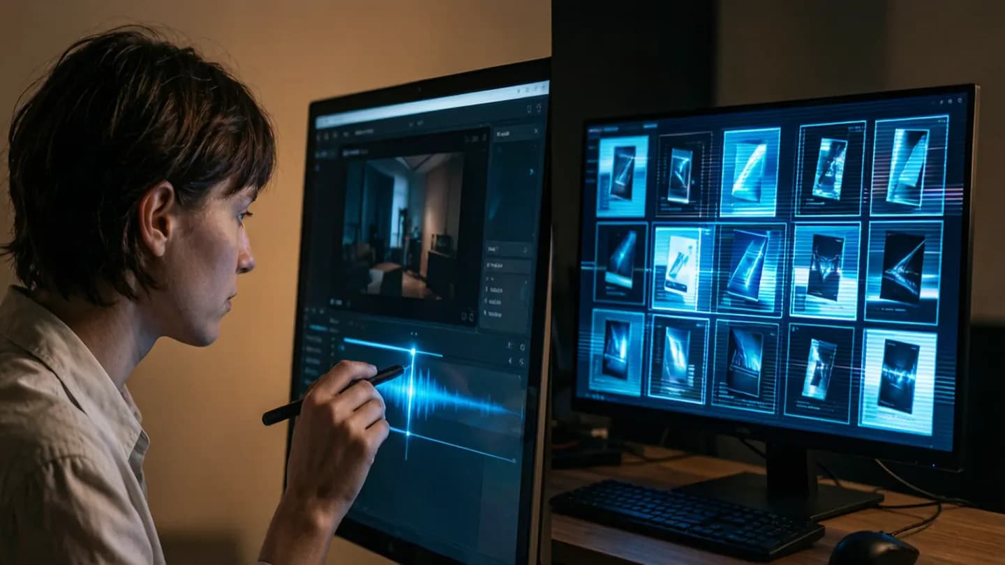 A human art director directing an AI video pipeline where synthetic variants multiply across screens