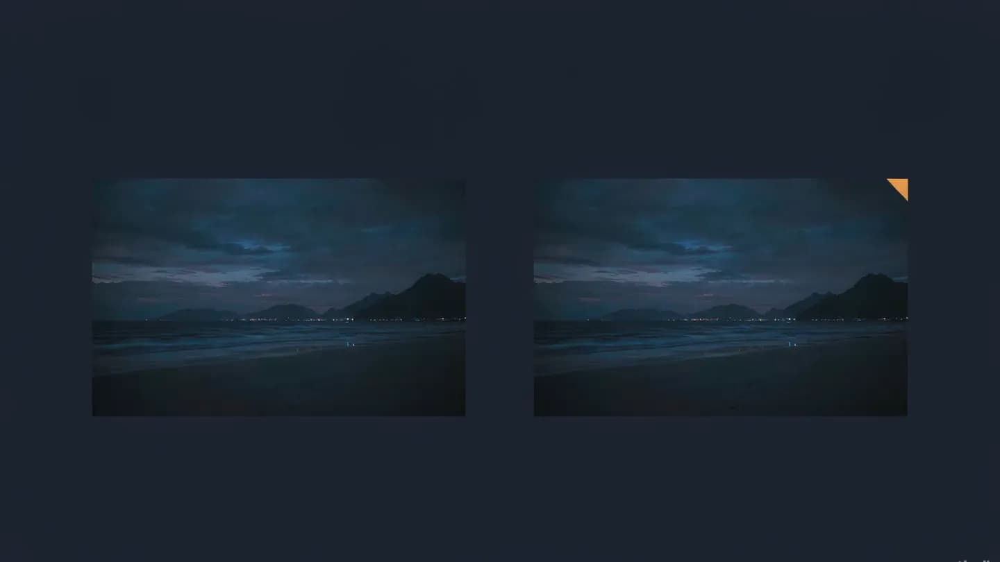Two matched abstract cinematic frames on a dark navy field, the right one marked by a single small amber corner triangle