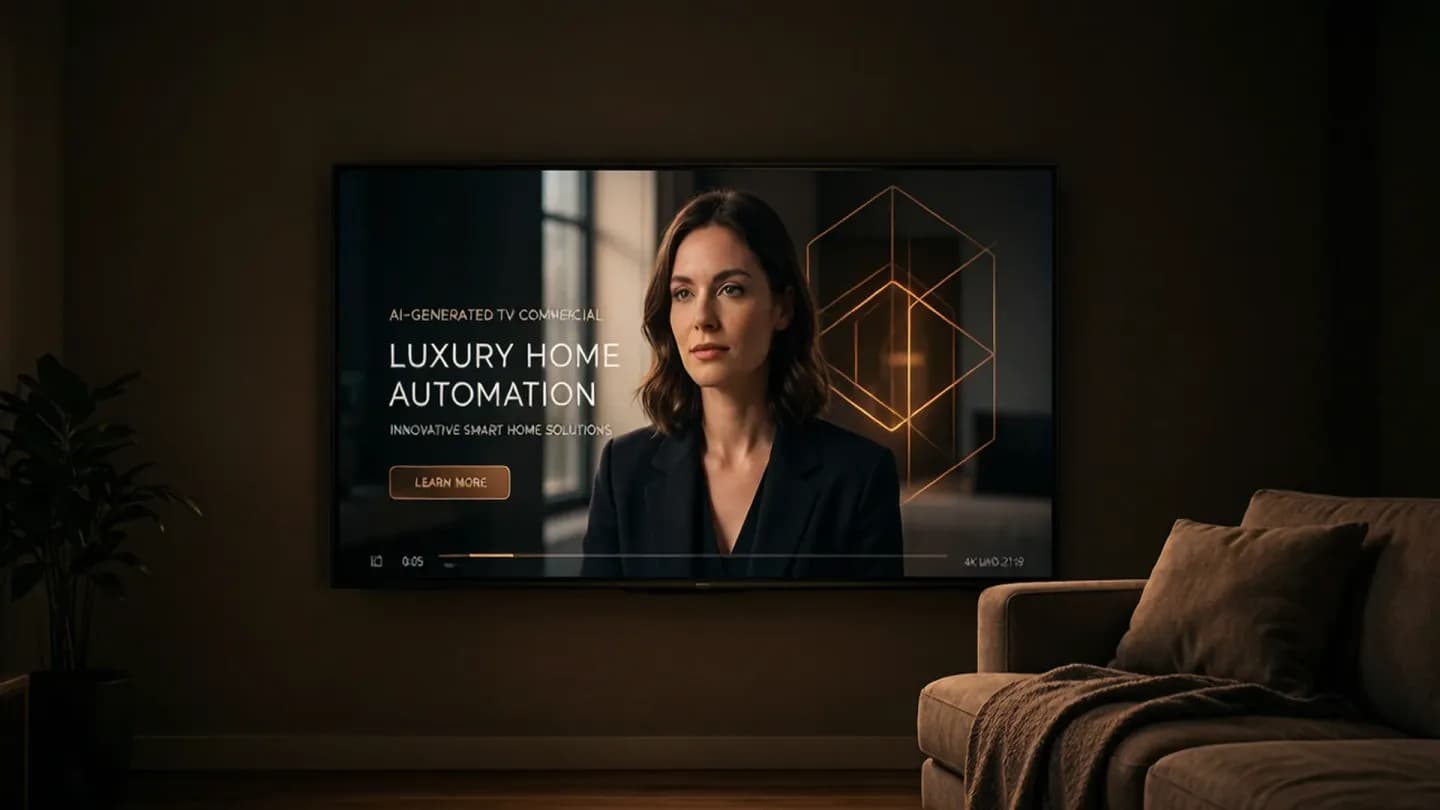 A living room screen showing an AI-generated television commercial with warm cinematic lighting