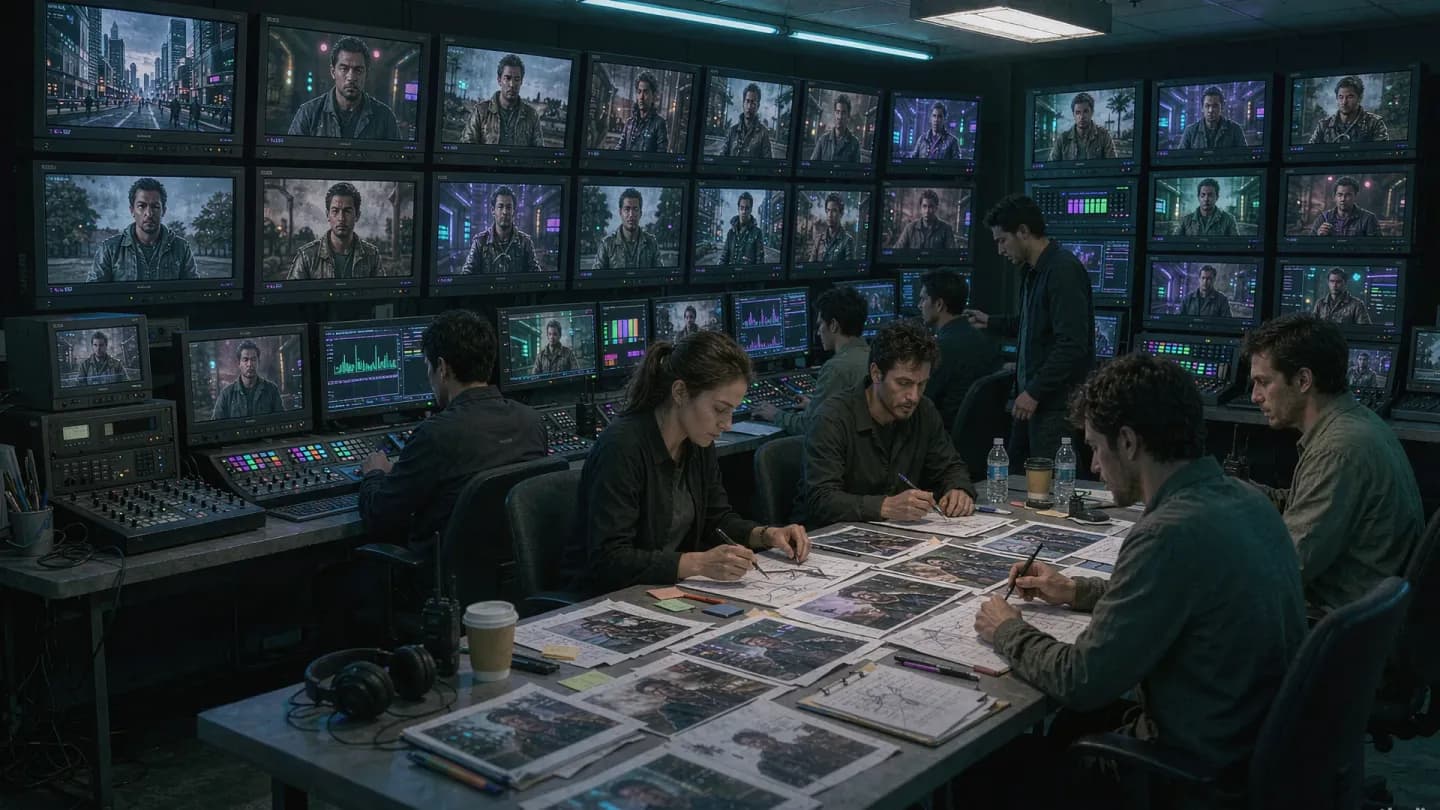 A broadcast control room wall of screens displaying scenes from a generated drama series, with producers reviewing reference stills in the foreground.