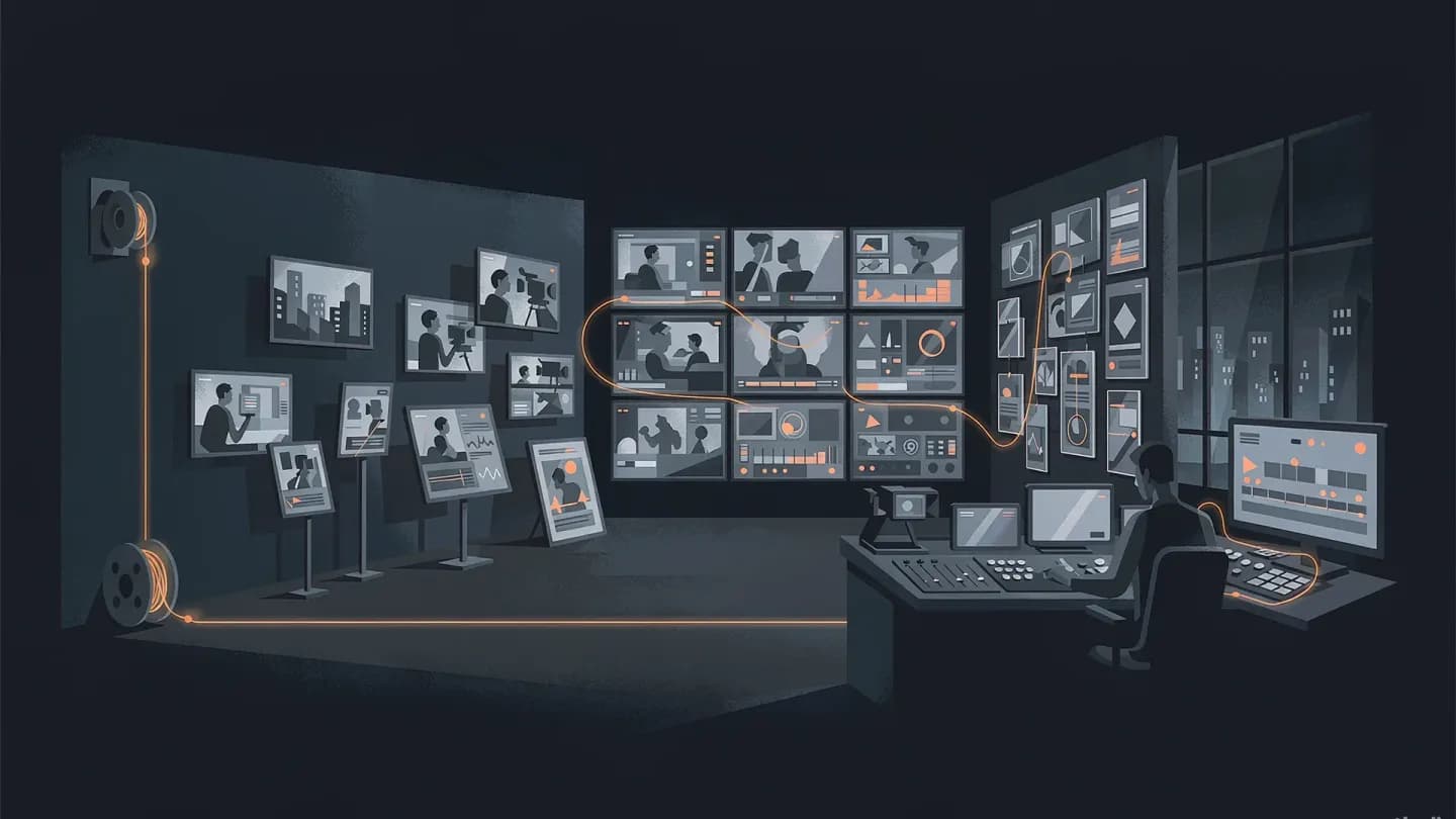Flat vector illustration of a single continuous production path inside a broadcast gallery, running from a wire feed through story cards, a video wall and a graphics board to a live rundown