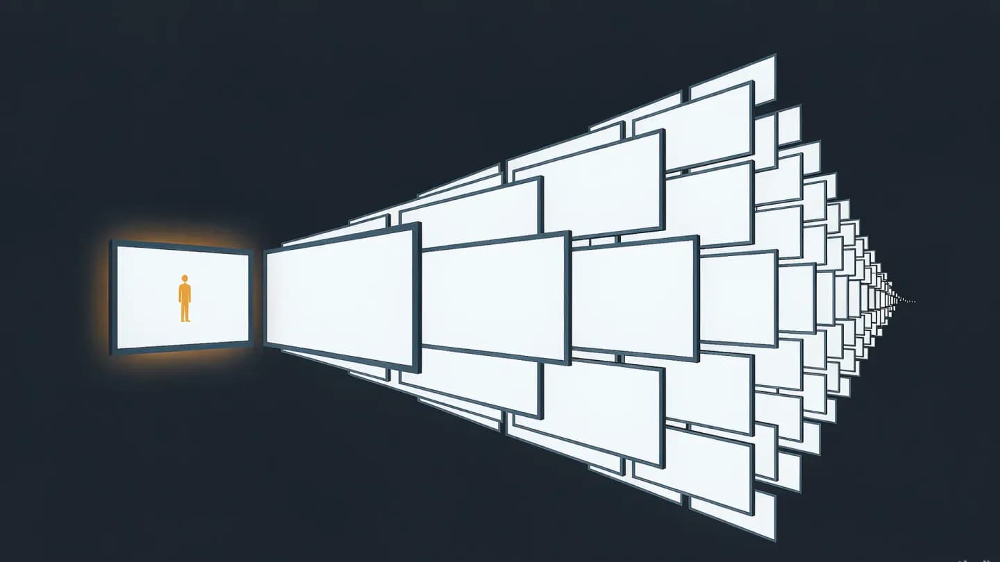 Illustration of one filmed human silhouette in a single source frame branching into a fan of generated video frames on dark navy