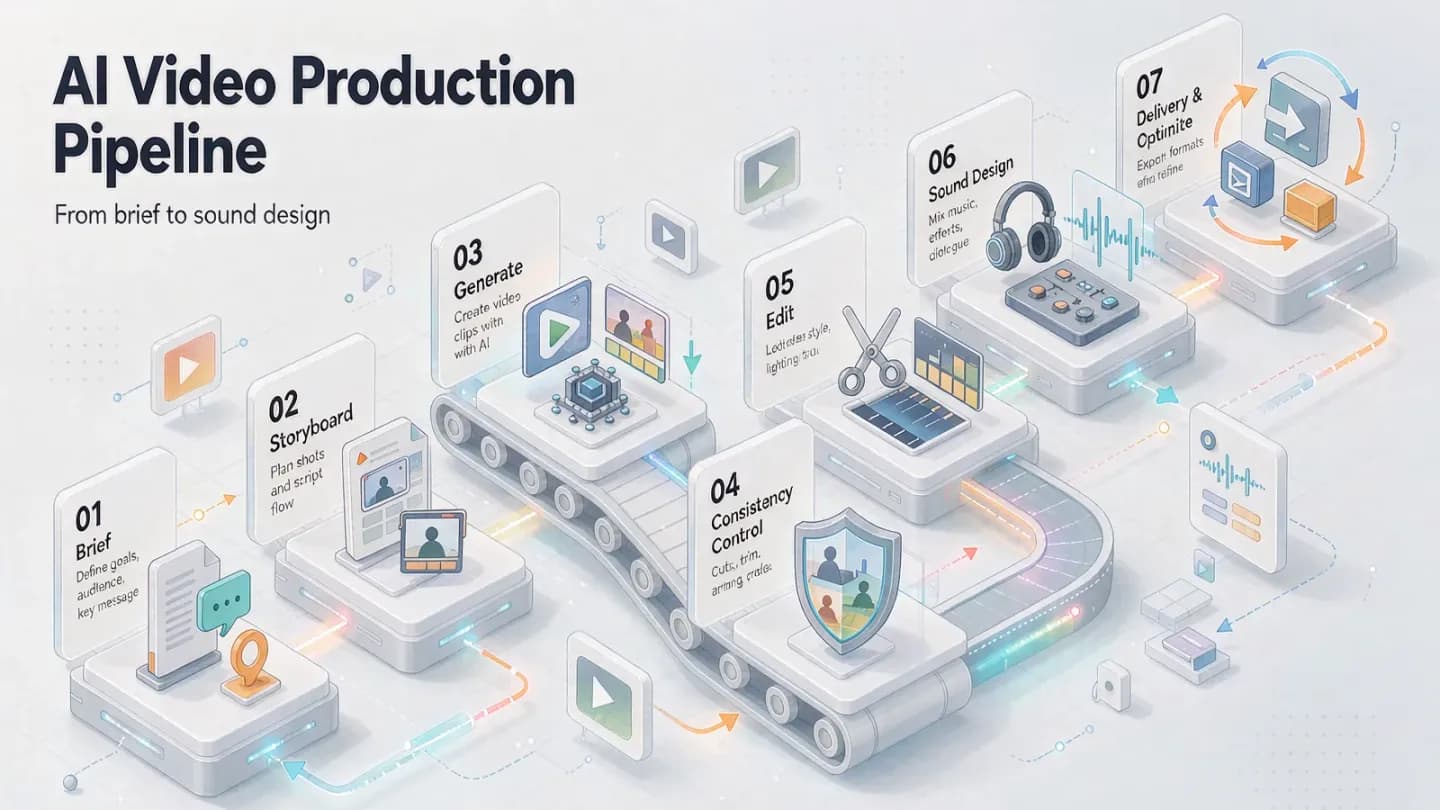 An isometric diagram of a seven-stage AI short-film production pipeline.