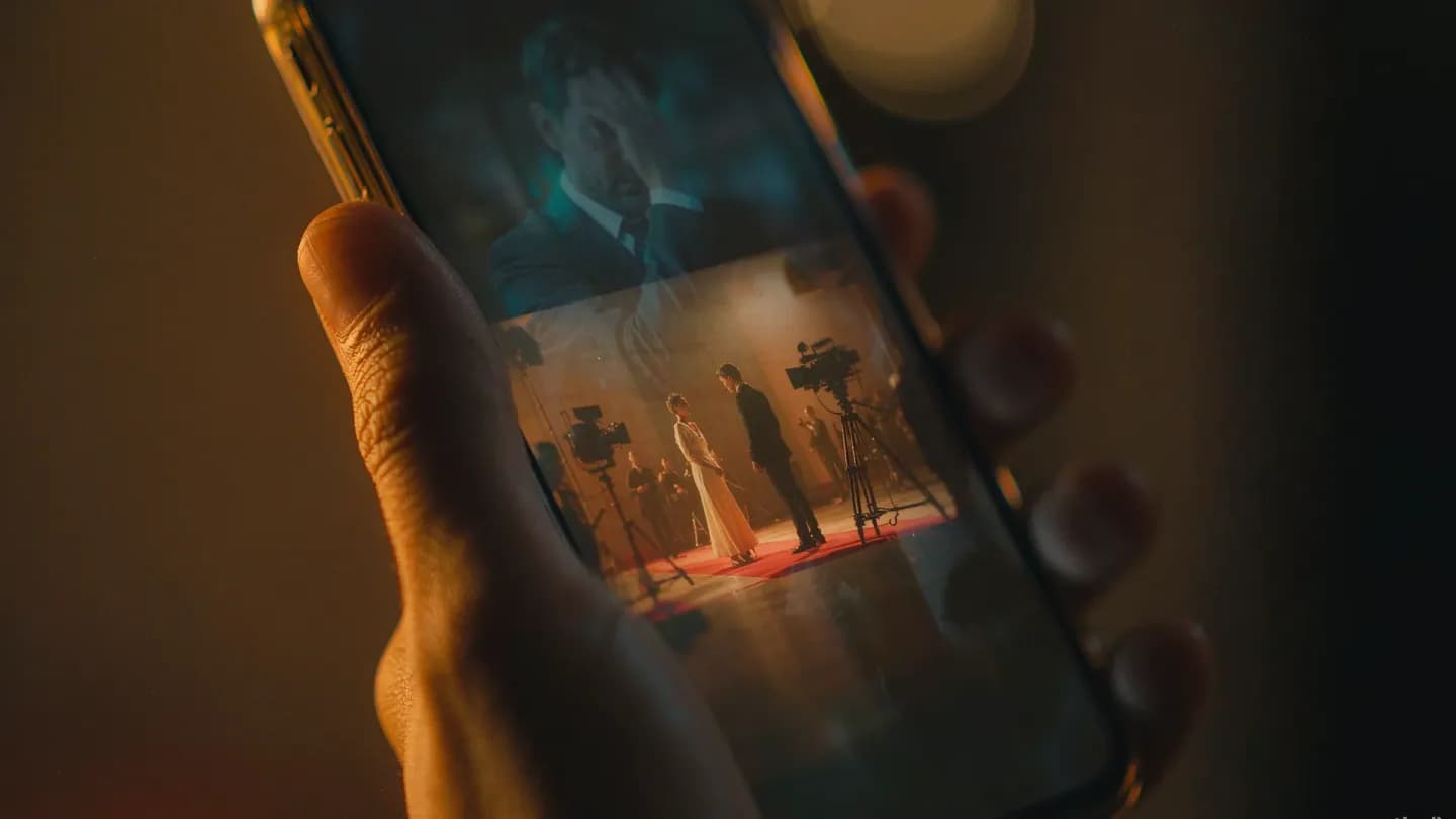 A viewer watching a glowing AI-generated short film on a smartphone in a dark room.