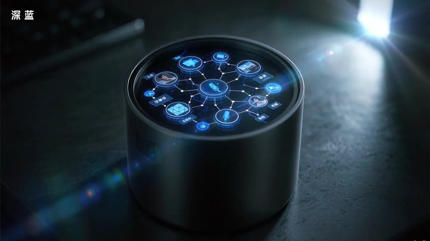 A glowing AI video production canvas with connected storyboard nodes on a studio desk.