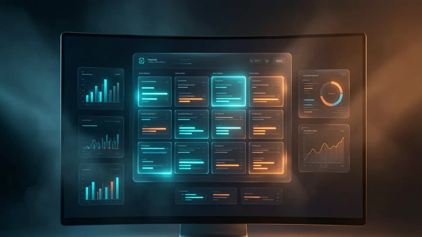 A dark studio monitor showing a glowing grid of many short-video ad variants