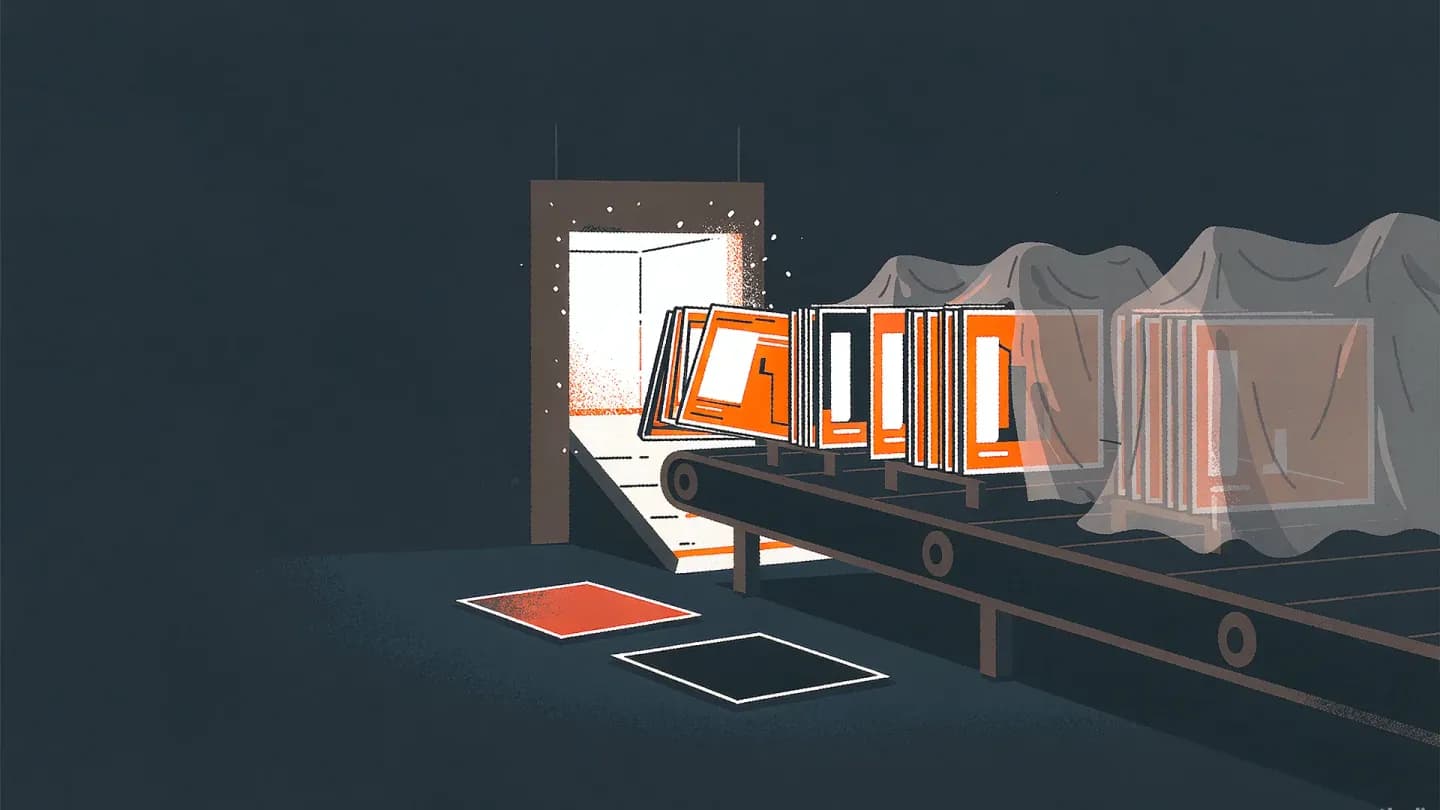 Illustration of finished video frames on a conveyor, with most trays parked while one moves onto a lit distribution ramp
