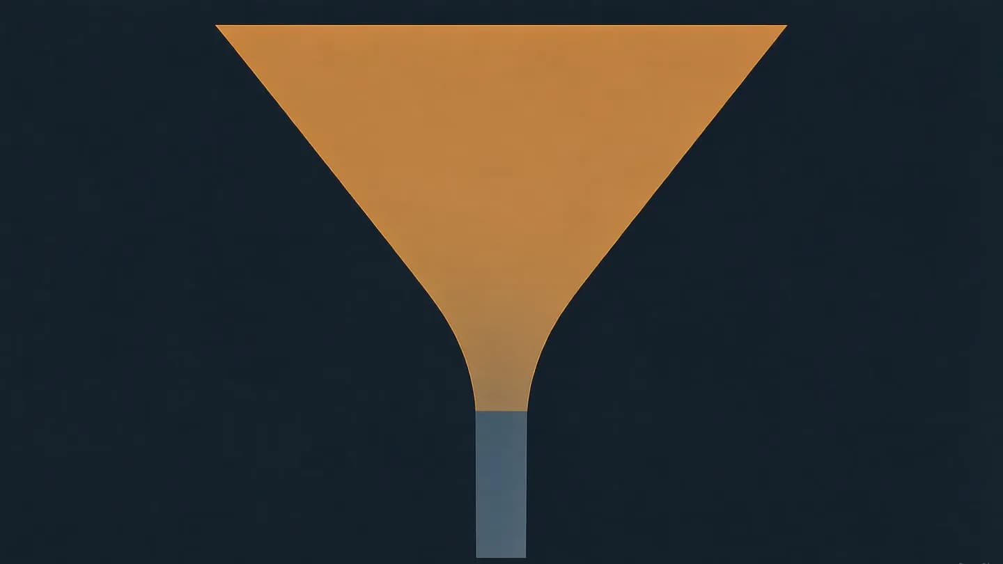 A wide amber funnel tapering into a thin slate channel on a navy field, visualising strong upper-funnel attention failing to carry through to conversion