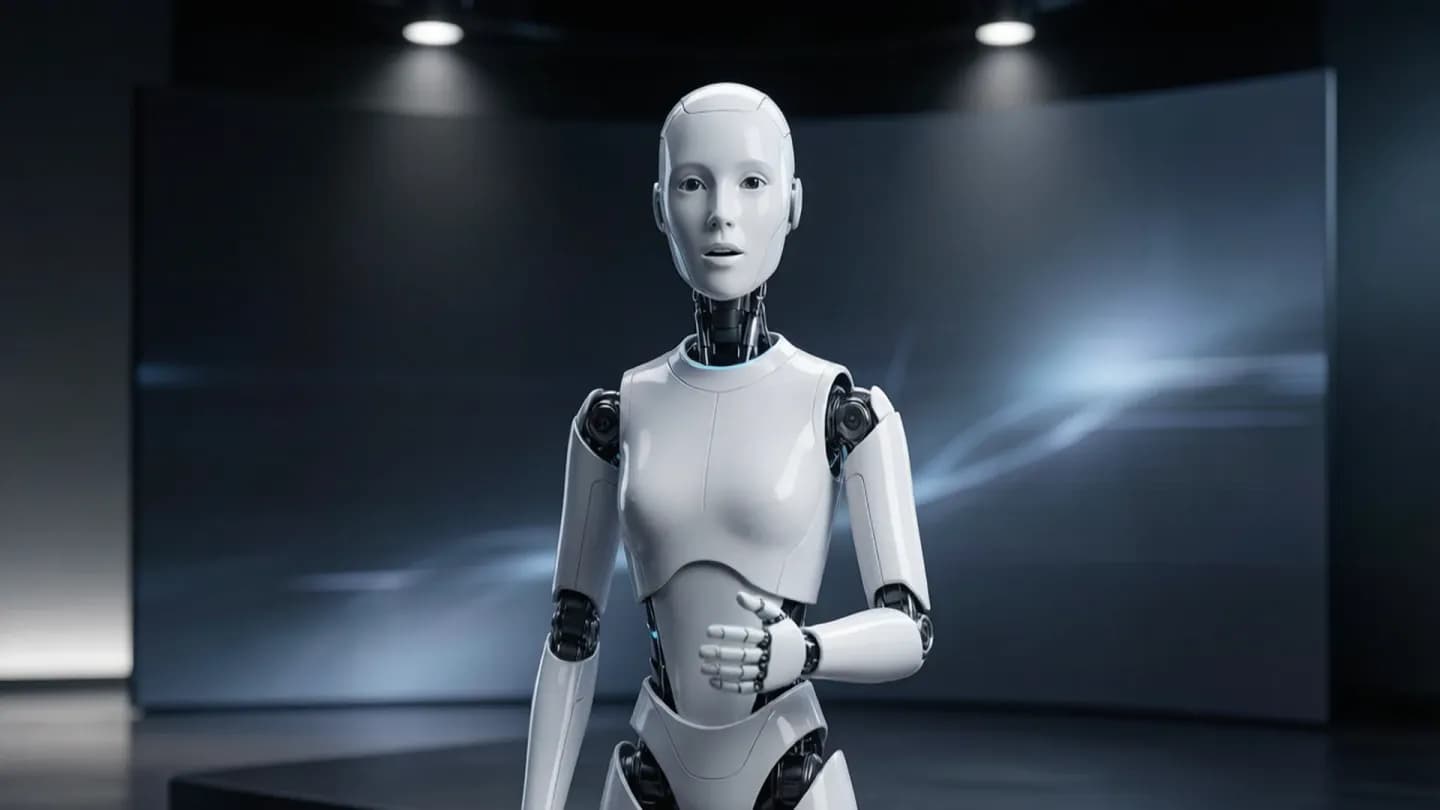 A photorealistic digital human presenter standing on a clean brand studio set, addressing the camera.