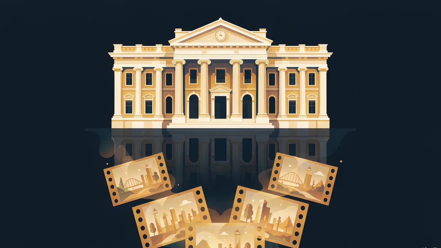A classical bank facade on a dark navy field, its reflection dissolving into glowing amber film panels drifting upward