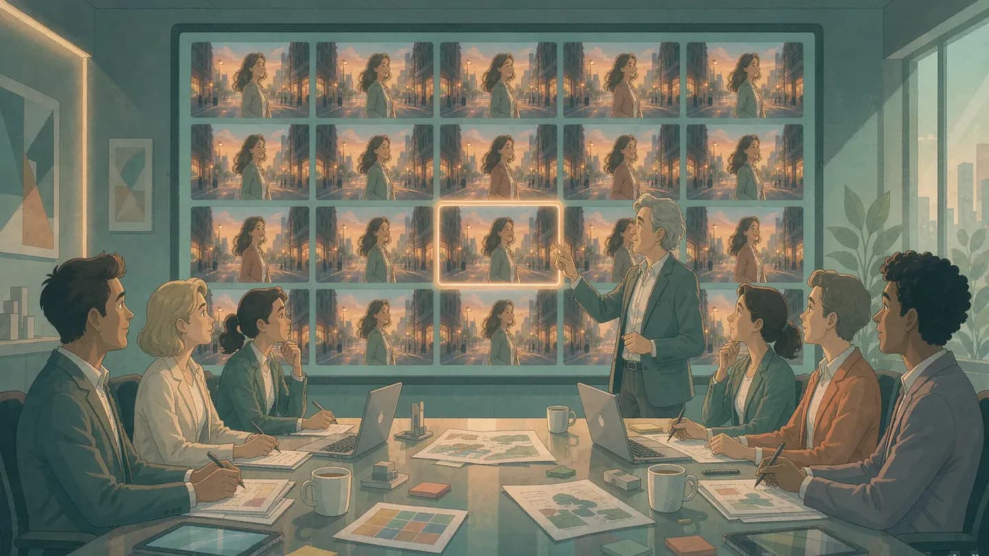 A creative director choosing one brand story from a wall of AI-generated frames