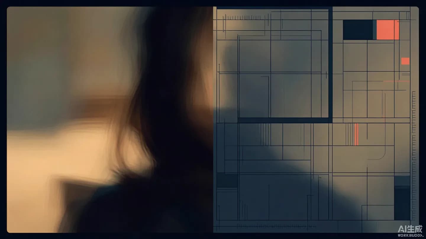 Split film frame illustration contrasting a loose atmospheric half with a precise technical wireframe half