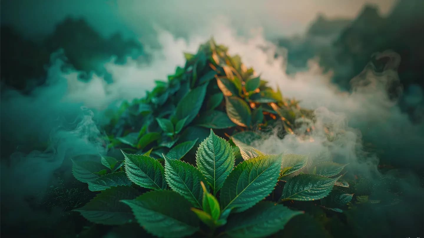A cold-brew tea product visualized as a misty mountain scene