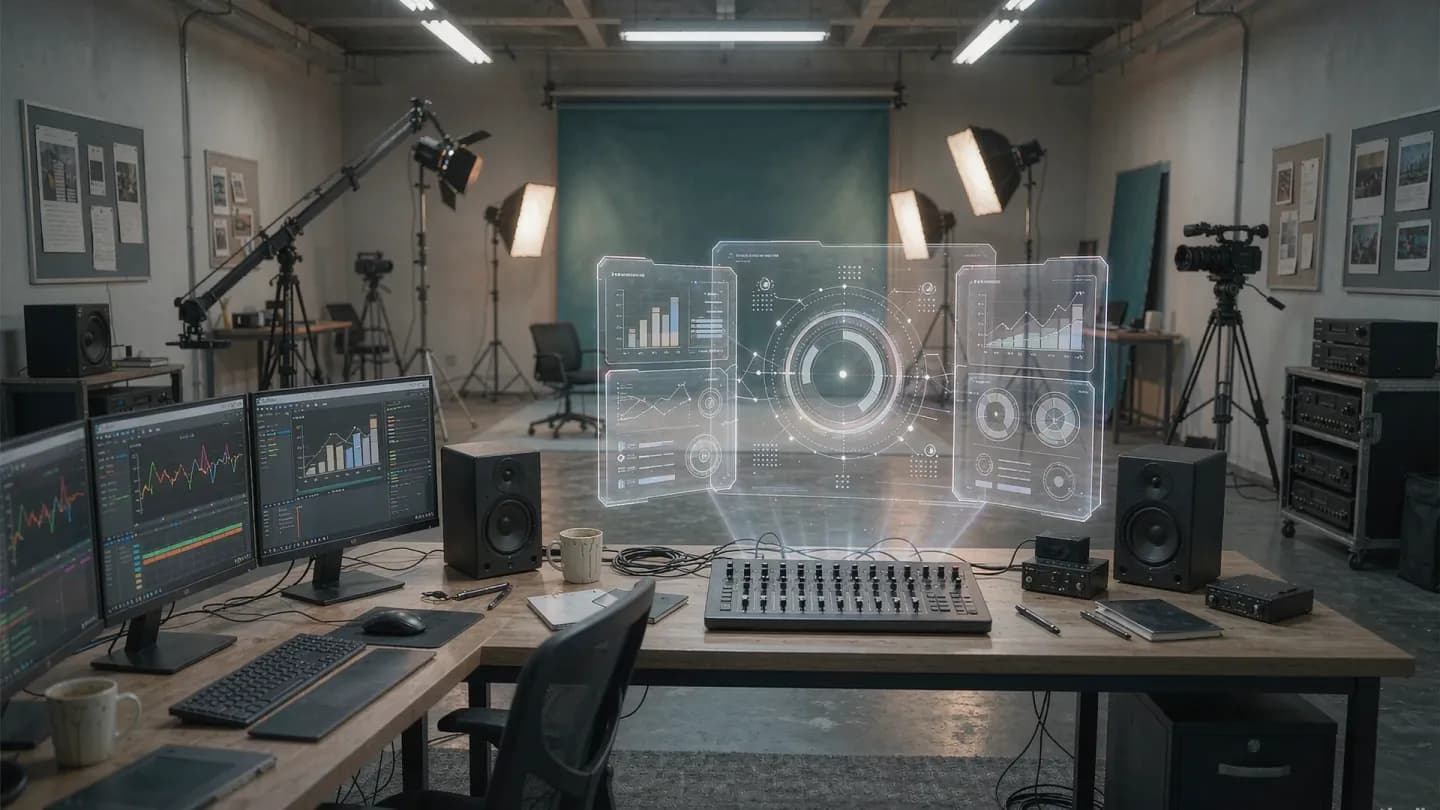A video editor's desk with a translucent performance dashboard overlaying the workspace
