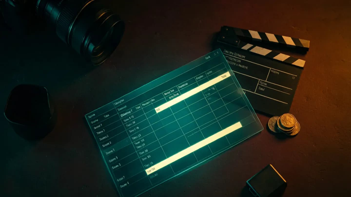Overhead view of a production budget spreadsheet with a clapperboard and coins on a dark desk