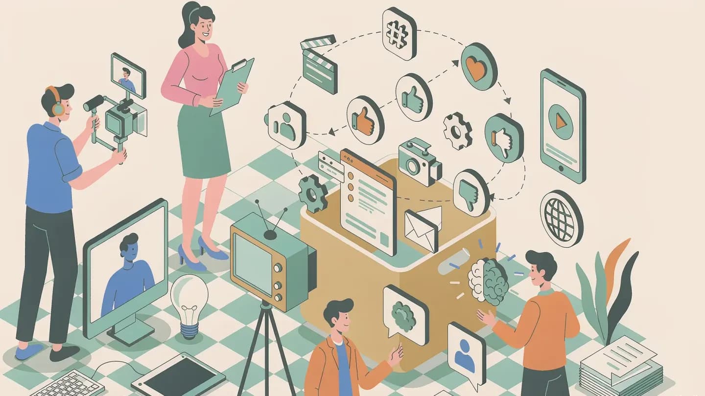 A production team beside an unfinished AI video workflow diagram