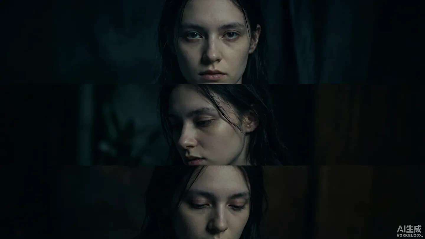 One character shown consistently across three different video shots in a split-screen layout