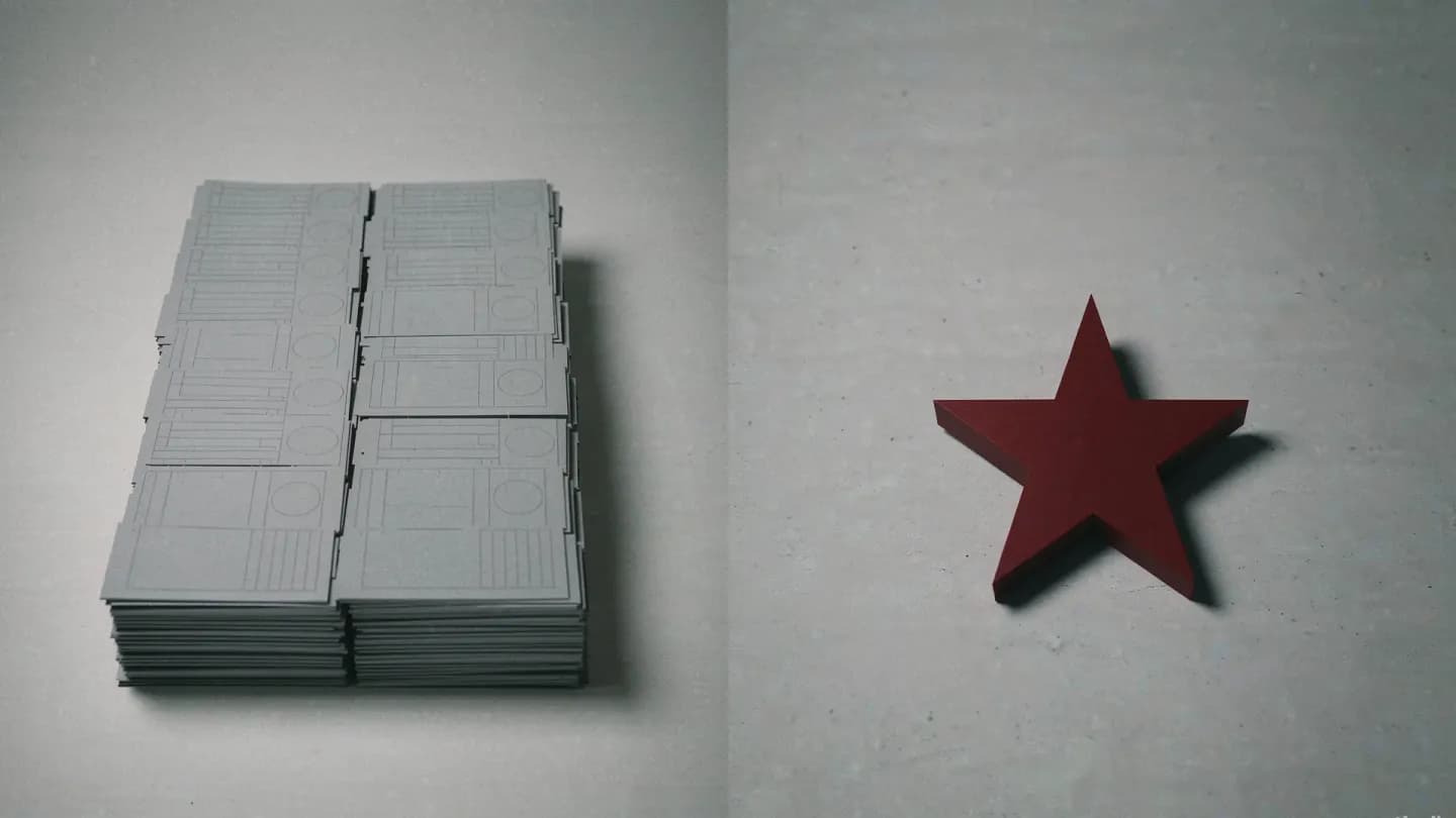 Split composition contrasting a neat stack of clearance documents on the left with a single crimson star on bare grey concrete to the right, one clean vertical seam dividing them