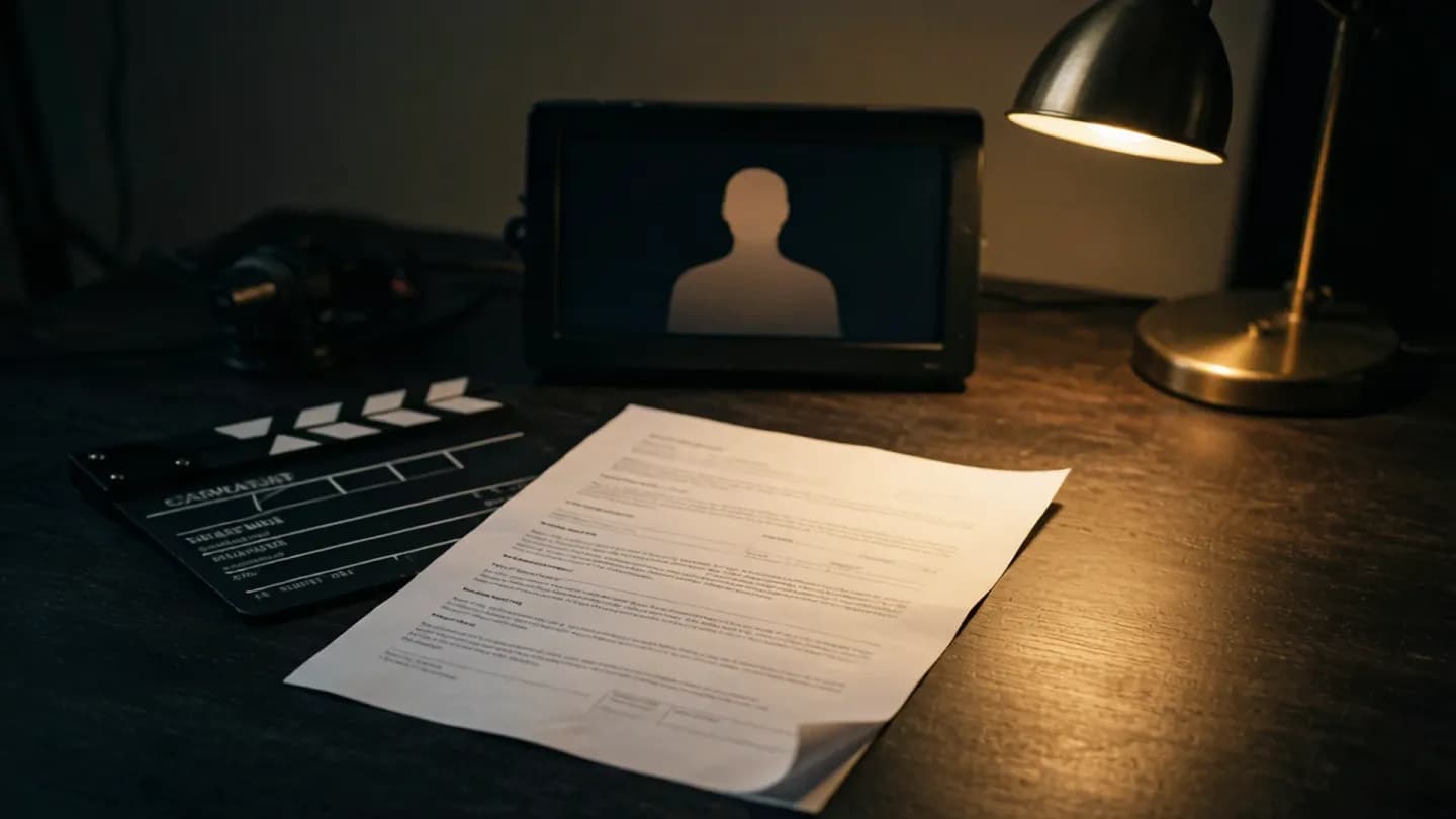 An overhead view of a signed video production contract on a dark studio table beside a film slate and a monitor showing a faceless generated figure