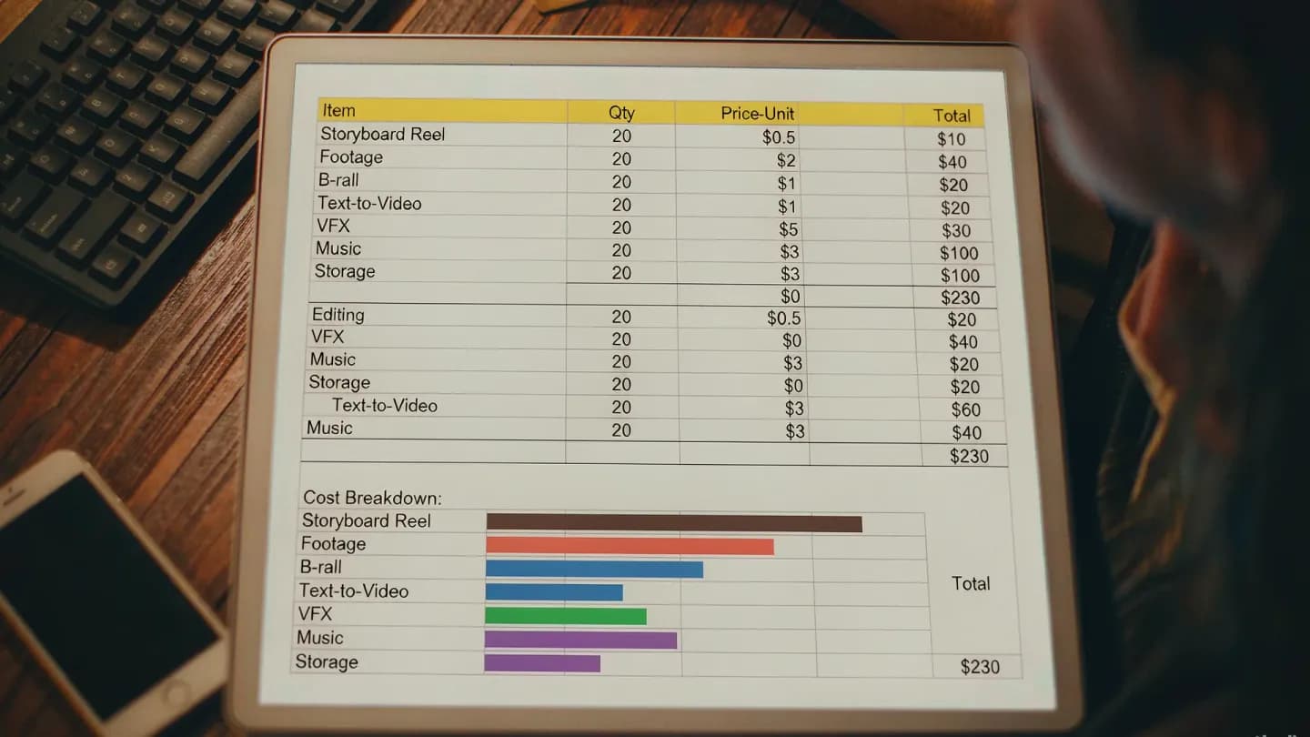 Overhead view of a budget spreadsheet with AI video cost bars