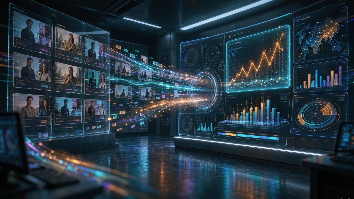 A control room where AI-generated video variants stream into a real-time ad auction matching dashboard