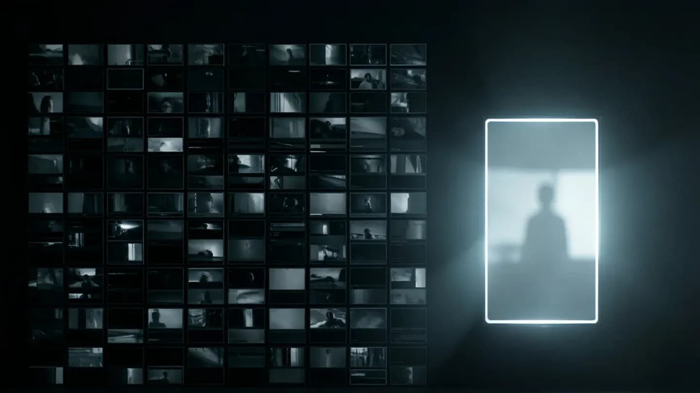 A grid of many small muted video thumbnails beside one bright hero video frame
