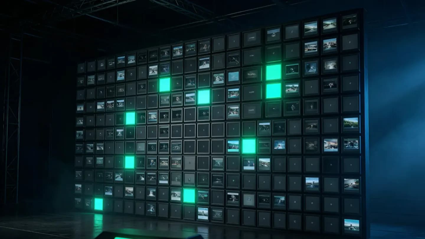 A dark studio wall of video thumbnails where only a few are highlighted green as shipped