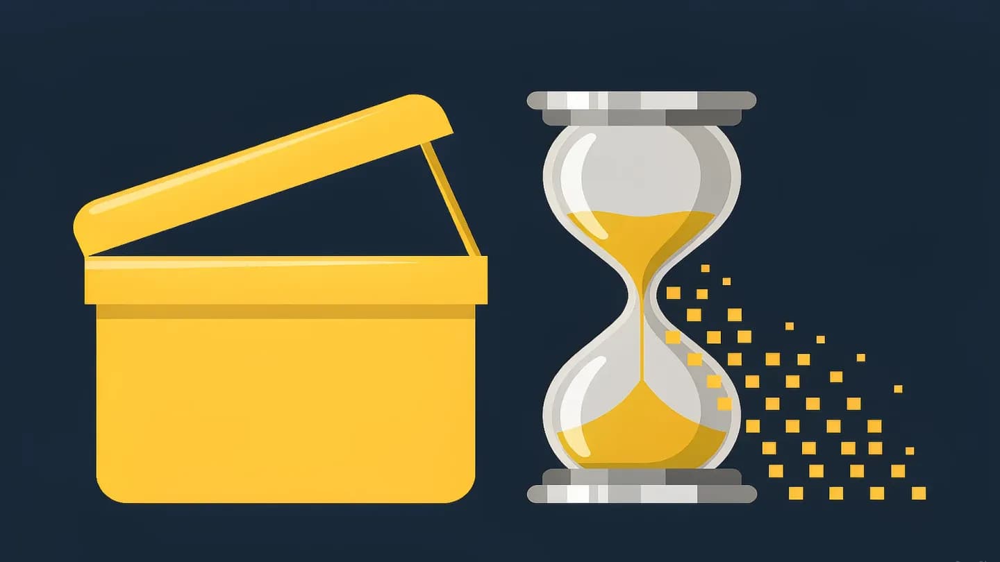 Flat editorial illustration on a dark navy background: an hourglass whose sand dissolves into pixel blocks beside a clapperboard silhouette, symbolizing the gap between trained data and the present cultural moment.