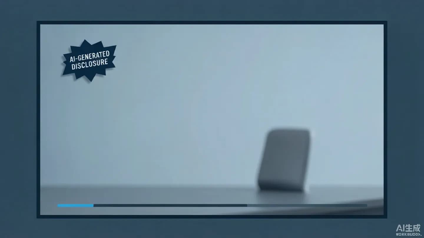 A video frame mockup showing a small AI-generated content disclosure badge in the corner