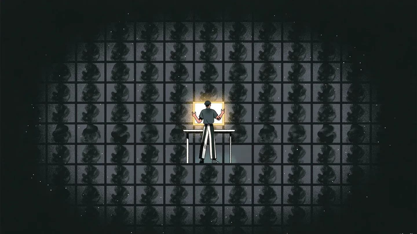 A strategist selecting one emotionally distinct frame from a grid of identical AI video thumbnails