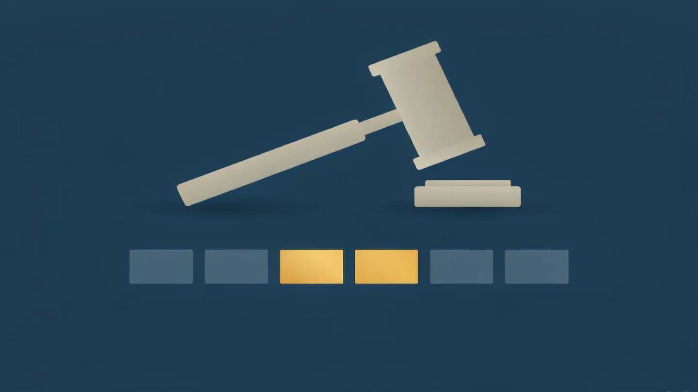 A pale gavel silhouette resting above a row of small slate cards with two highlighted in amber on a deep navy field