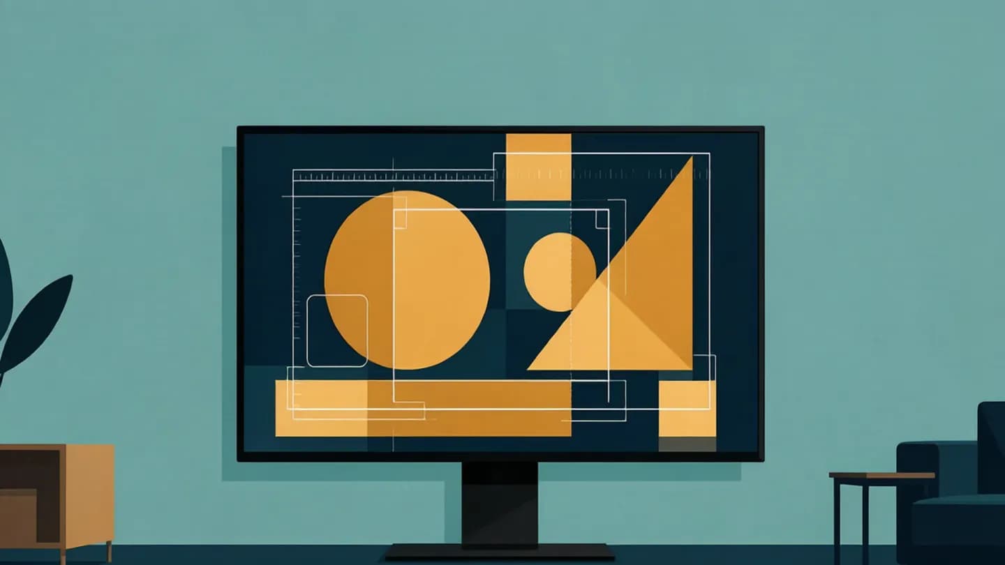 Flat illustration of a wall-mounted television showing an abstract commercial frame with technical measurement overlays floating in front of it