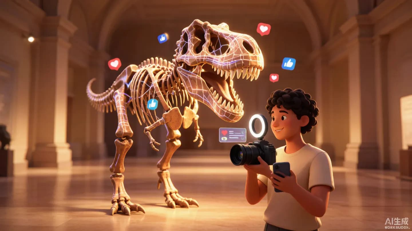 A museum hall where a T. rex fossil appears to come alive as a digital creator, representing the AI-ncient influencer concept.