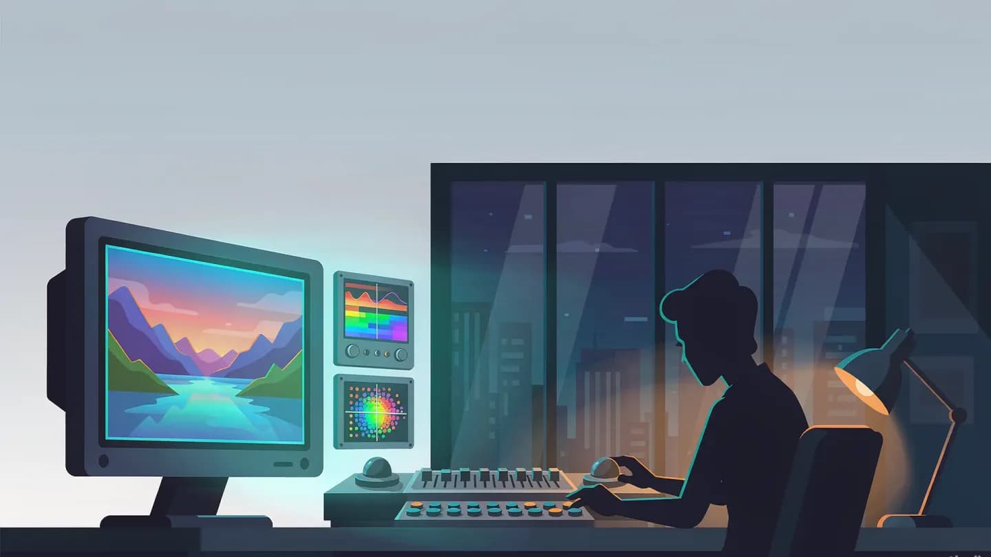 Illustration of a colourist at a grading suite control surface facing a wide-gamut reference monitor with waveform and vectorscope panels